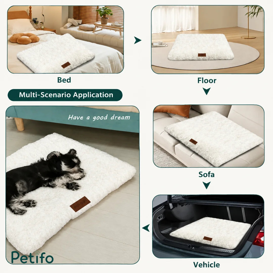 Multi-scenario application showing the versatile faux fur pet bed used on beds, floors, sofas, and in vehicles.