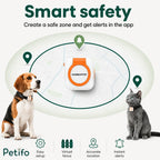 Illustration of the Petifo smart safety feature showing a dog and cat within a virtual fence map that provides accurate location tracking and instant alerts.