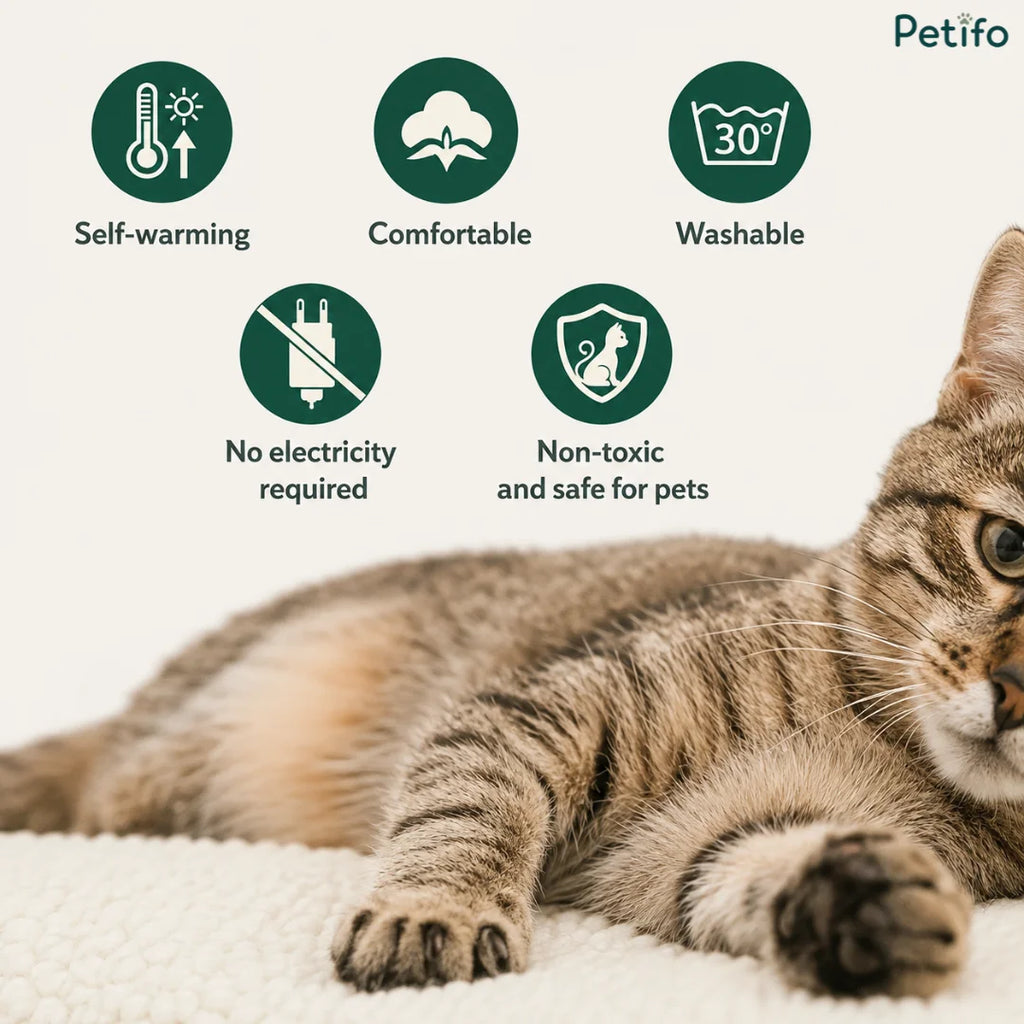 Feature icons showing self-warming, comfortable, washable at 30 degrees, no electricity required, and non-toxic safety for pets.
