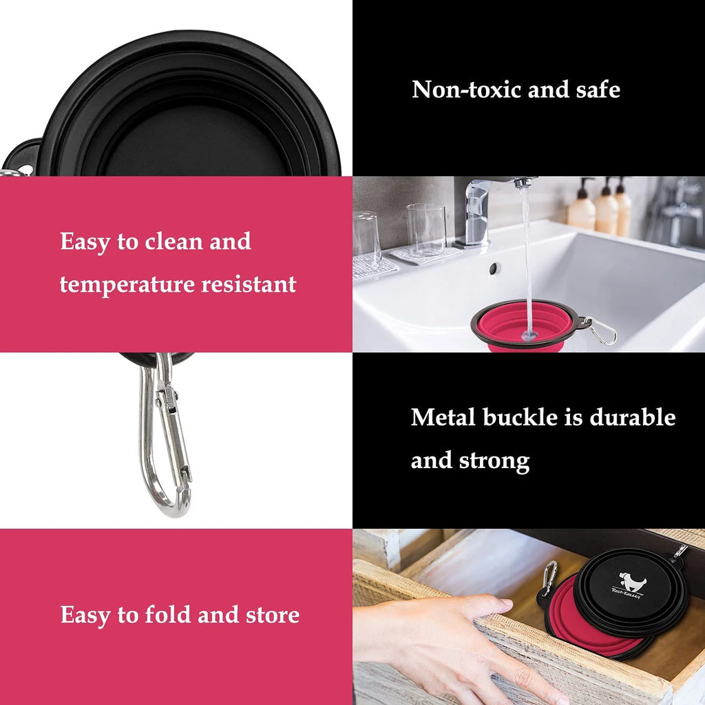 Collapsible silicone dog bowl features including durable metal carabiner clip