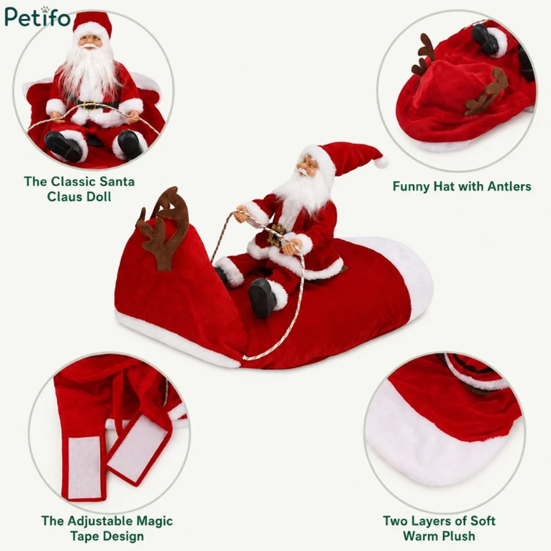 Features overview of the Santa Claus riding a reindeer dog Christmas costume.