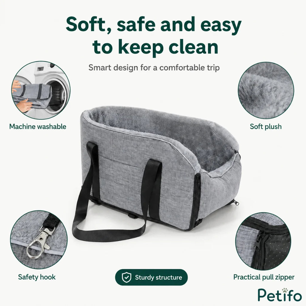 Features diagram of Petifo car booster seat highlighting safety hook, machine washable fabric, and sturdy frame
