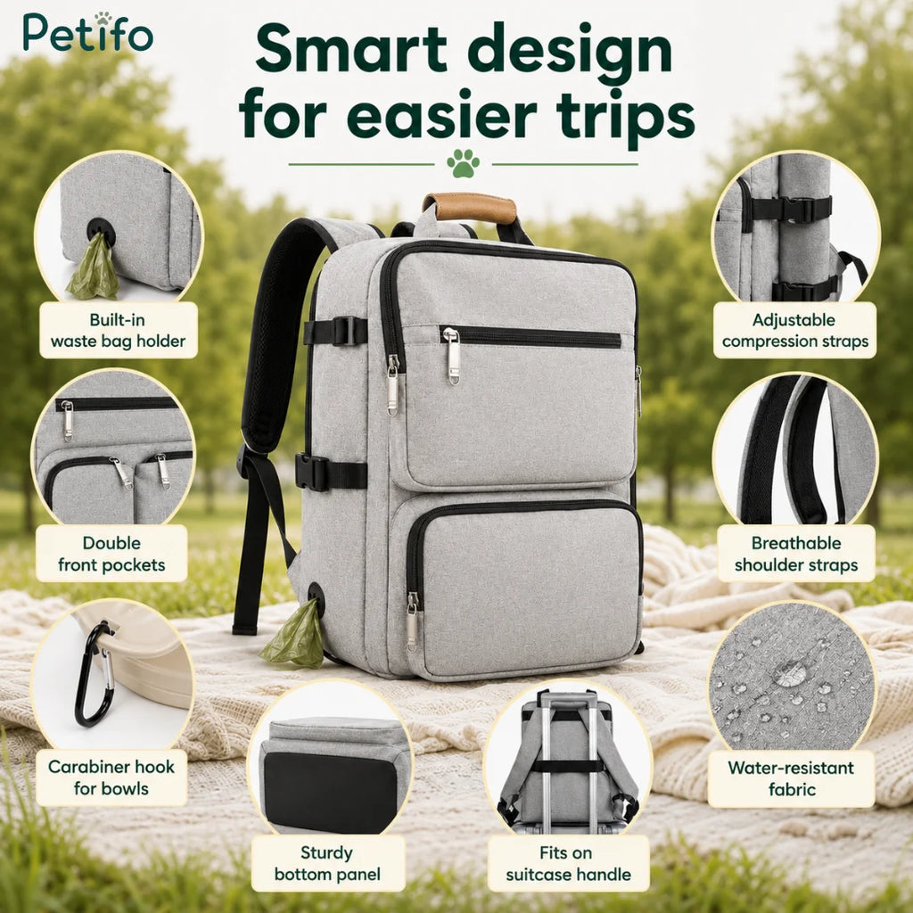 Highlight features of the Petifo dog travel backpack including waste bag holder, compression straps, and water-resistant fabric.