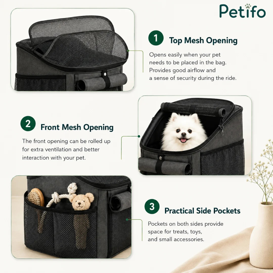 Close-up features of the Petifo bag showing the top mesh opening, roll-up front mesh, and side pockets.