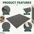 Key product   the Petifo cat scratch mat highlighting that it is easy to cut, durable, has a 3D texture, and is anti-slip.