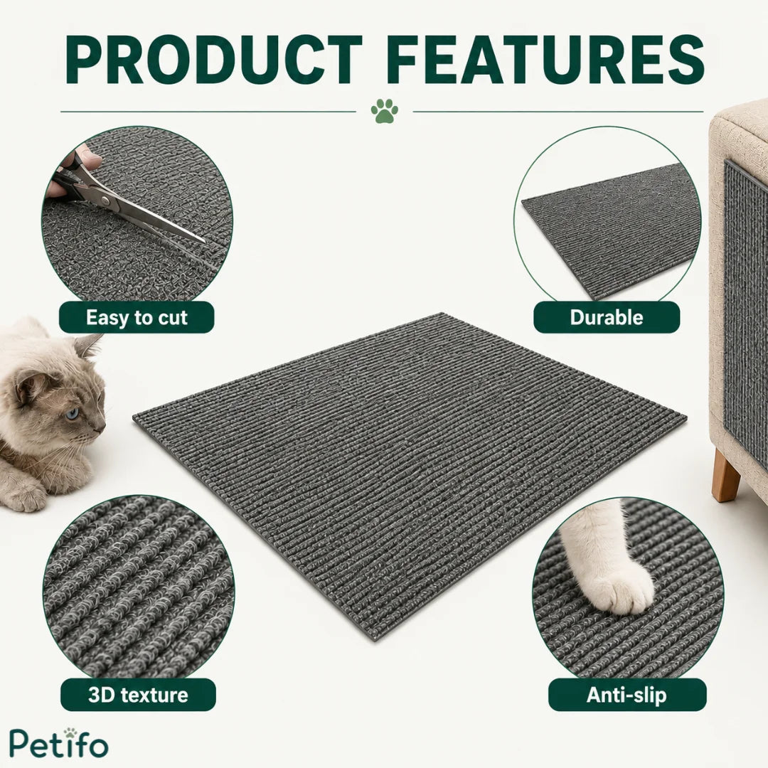 Key product   the Petifo cat scratch mat highlighting that it is easy to cut, durable, has a 3D texture, and is anti-slip.