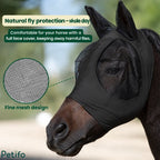 Fine mesh design close-up on a black horse fly mask ensuring clear vision.
