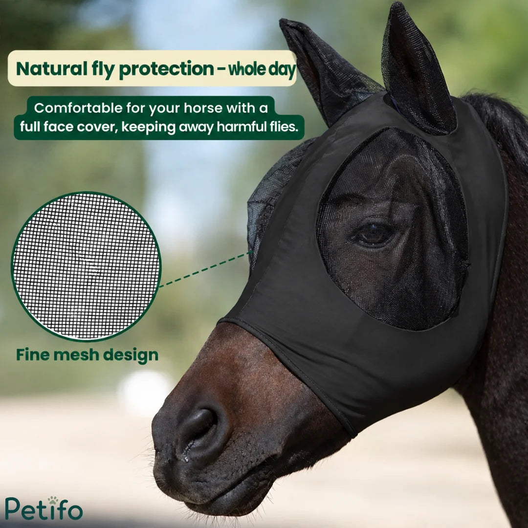 Fine mesh design close-up on a black horse fly mask ensuring clear vision.
