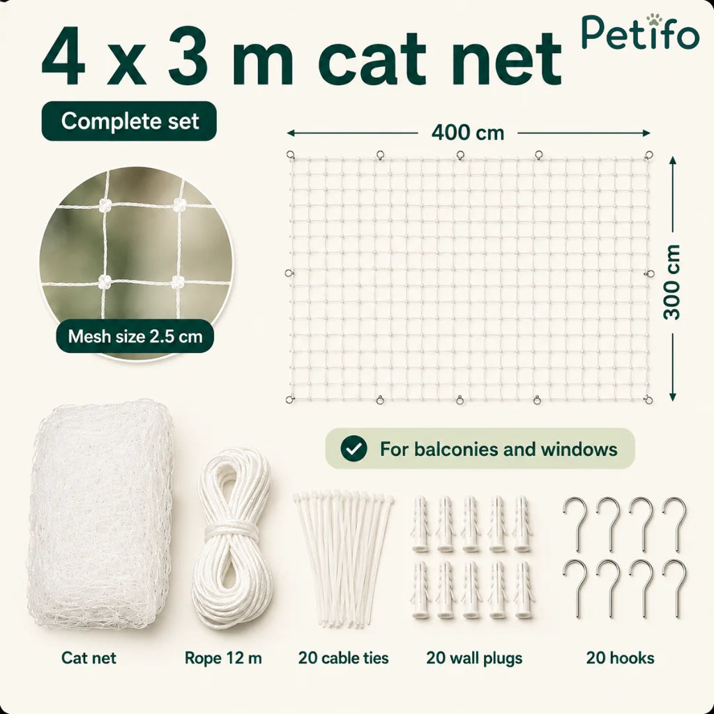 Complete 4x3m cat net kit layout showing the protective mesh net, fixing rope, cable ties, plugs, and hooks.