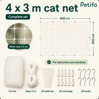 Complete 4x3m cat net kit layout showing the protective mesh net, fixing rope, cable ties, plugs, and hooks.
