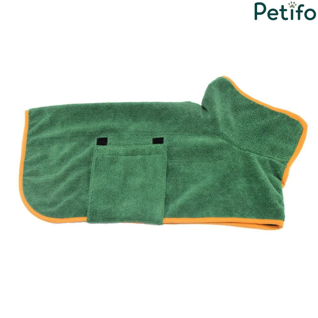 Flat lay view of green microfibre pet bathrobe with adjustable belly strap and velcro fasteners