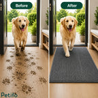 Before and after comparison demonstrating a muddy hallway floor versus a clean floor protected by an absorbent dog mat.