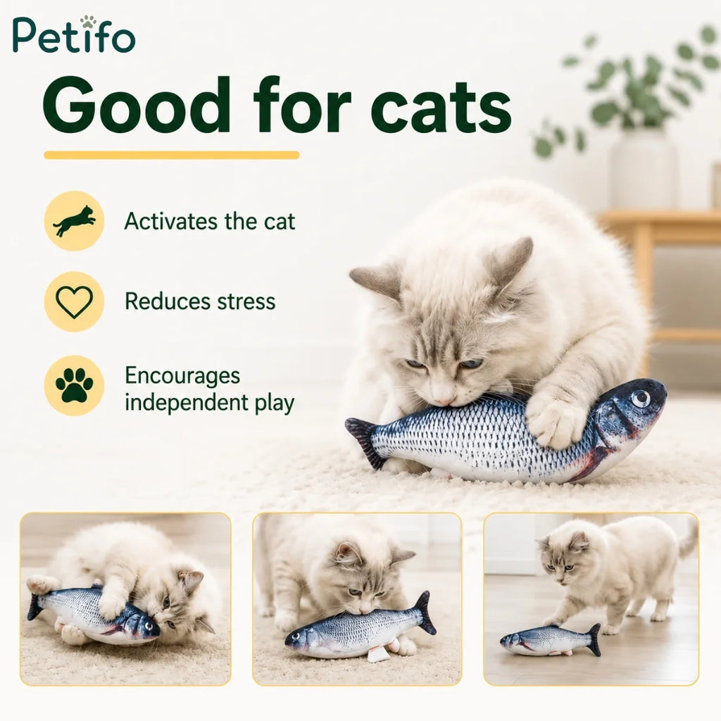 Fluffy cat playing with Petifo realistic flopping fish toy showing key benefits