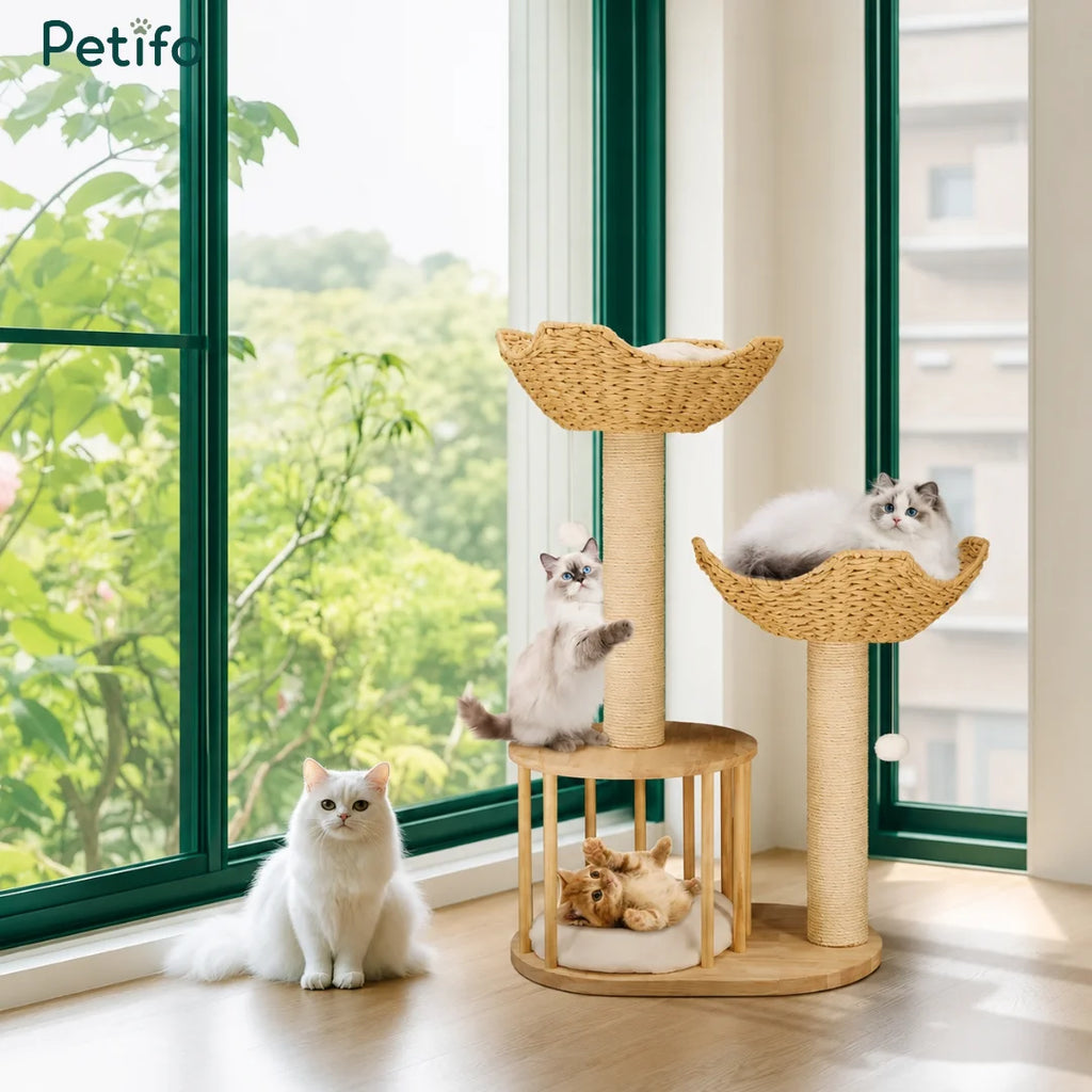 Four fluffy cats exploring a modern wooden cat tree activity tower next to a large window overlooking trees.