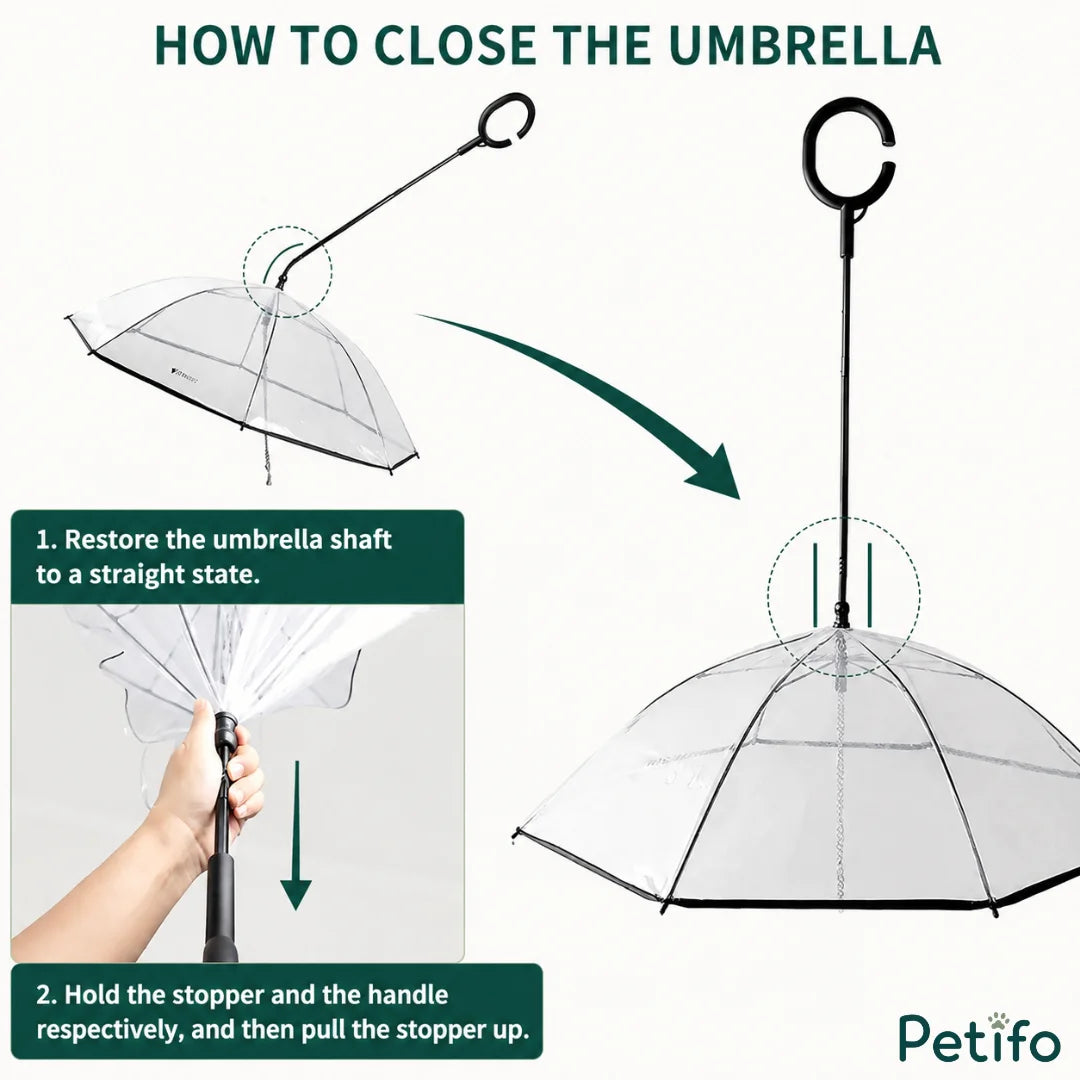 A guide illustrating the correct steps and hand placement required to safely close and fold the pet umbrella.