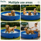 Golden retriever relaxing, playing, splashing, and getting washed in a blue Petifo foldable dog pool.