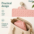 Petifo foldable silicone lick mat shown hanging on a hook and folded compactly inside a bag