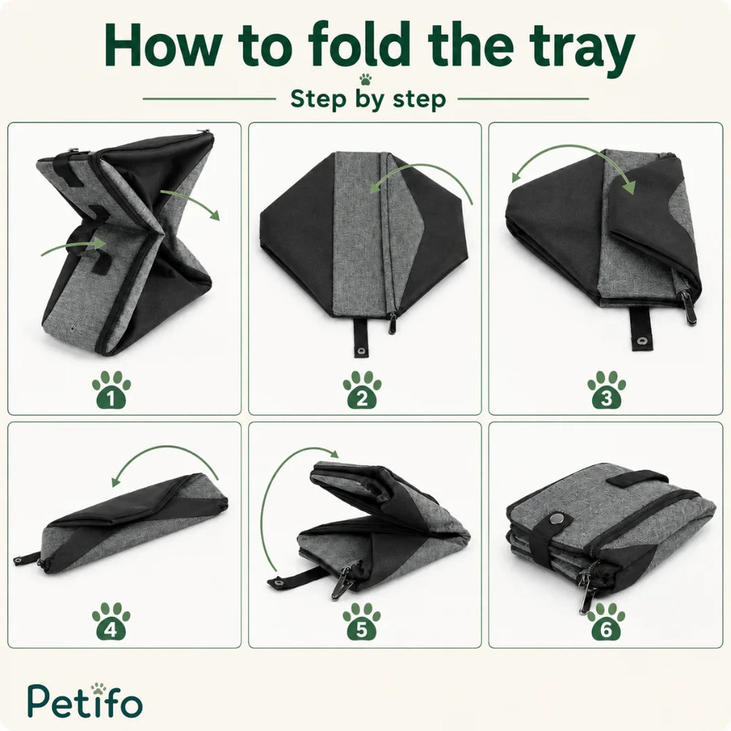 Step-by-step folding instructions guide for packing the collapsible travel cat litter box.