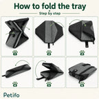 Step-by-step folding instructions guide for packing the collapsible travel cat litter box.
