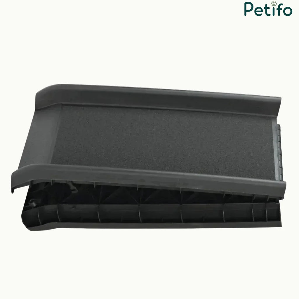 Foldable pet car ramp showing the secure locking mechanism and durable construction.
