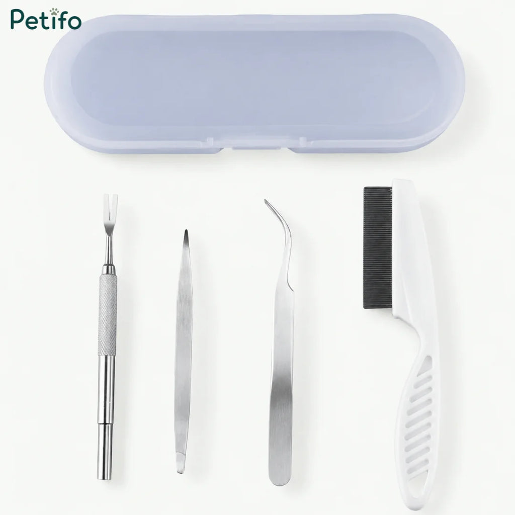 Professional tick removal tool kit featuring a storage case, fork, tweezers, and comb.