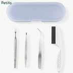 Professional tick removal tool kit featuring a storage case, fork, tweezers, and comb.
