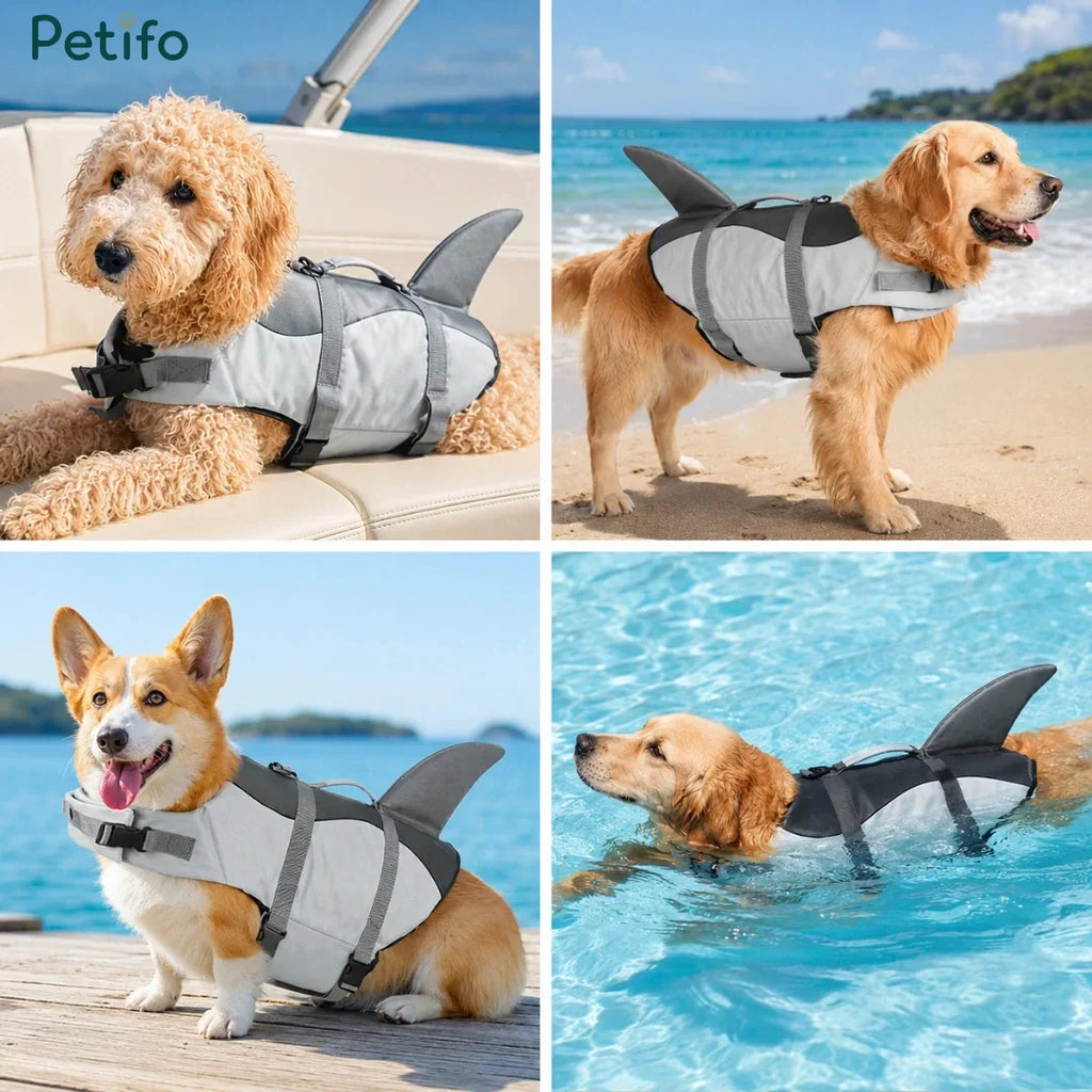 Four-panel image showing dogs wearing the Petifo shark life jacket on a boat, beach, dock, and in the water.