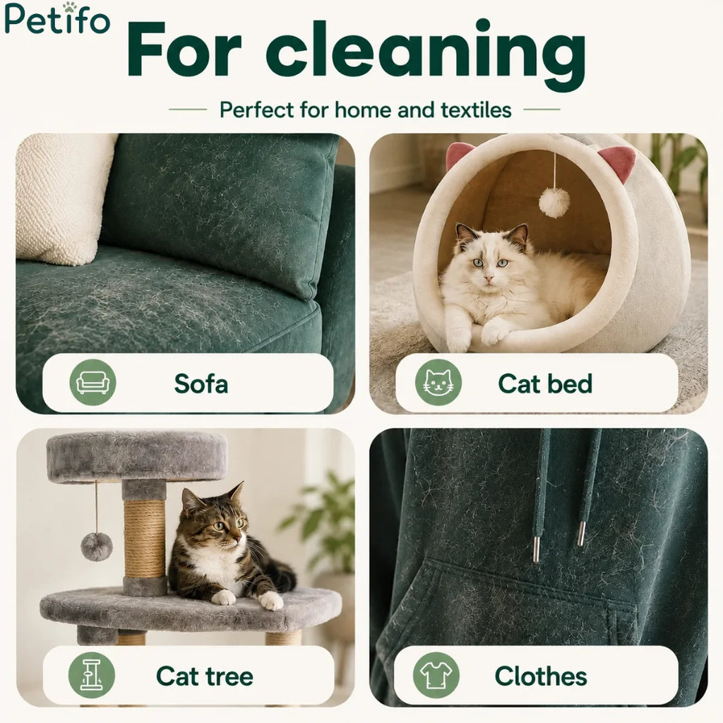 Four household applications for Petifo brush including sofa, cat bed, cat tree, and clothes cleaning