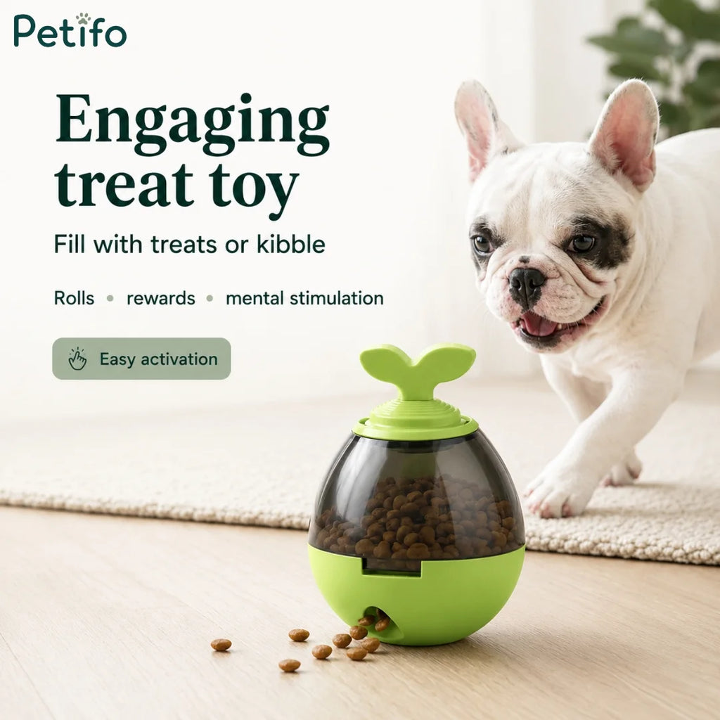 French Bulldog approaching green wobble treat dispenser toy on living room floor