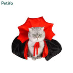Front-facing studio shot of a gray cat wearing the Petifo black and red vampire costume against a clean white background.