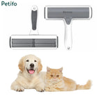  Front and back views of the white and grey Petifo pet hair roller displayed alongside a golden retriever puppy and a ginger Persian cat.