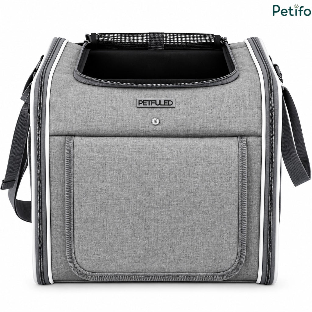Front view of the empty Petfuled grey bicycle pet bag featuring durable fabric and branded logo label.