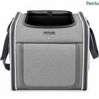 Front view of the empty Petfuled grey bicycle pet bag featuring durable fabric and branded logo label.