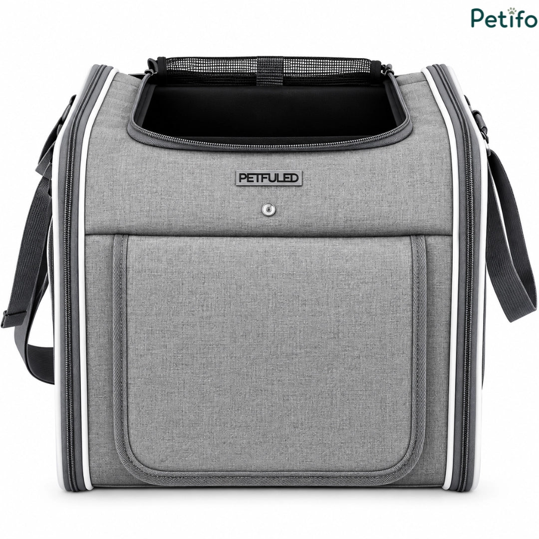 Front view of the empty Petfuled grey bicycle pet bag featuring durable fabric and branded logo label.