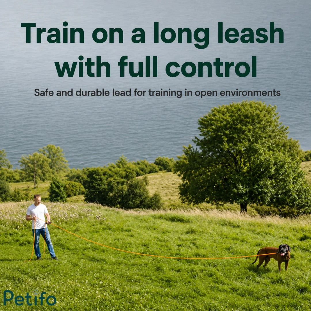 Person standing in an open field near a body of water, maintaining full control of a dog via a long orange training leash.