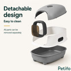 Exploded view graphic displaying the fully detachable parts of the modular grey and white cat litter box for easy cleaning.
