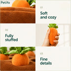 Close-up details of the soft, fully stuffed plush fabric used in the Petifo carrot interactive dog toy.