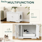 An infographic displaying the multifunctionality of the Petifo cabinet, illustrating its use as both a decorative sideboard and a functional indoor cat litter enclosure.