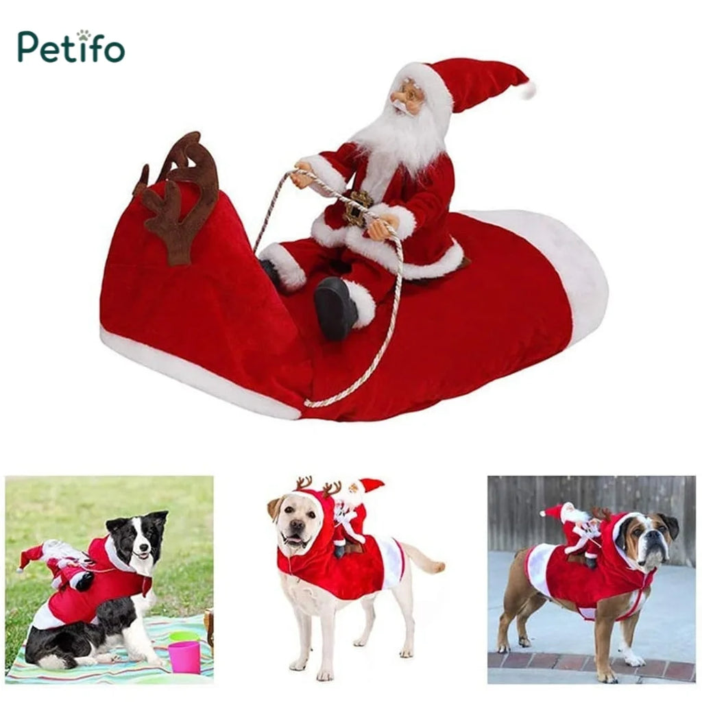 Cute dogs wearing funny Santa Claus riding a reindeer Christmas costumes.