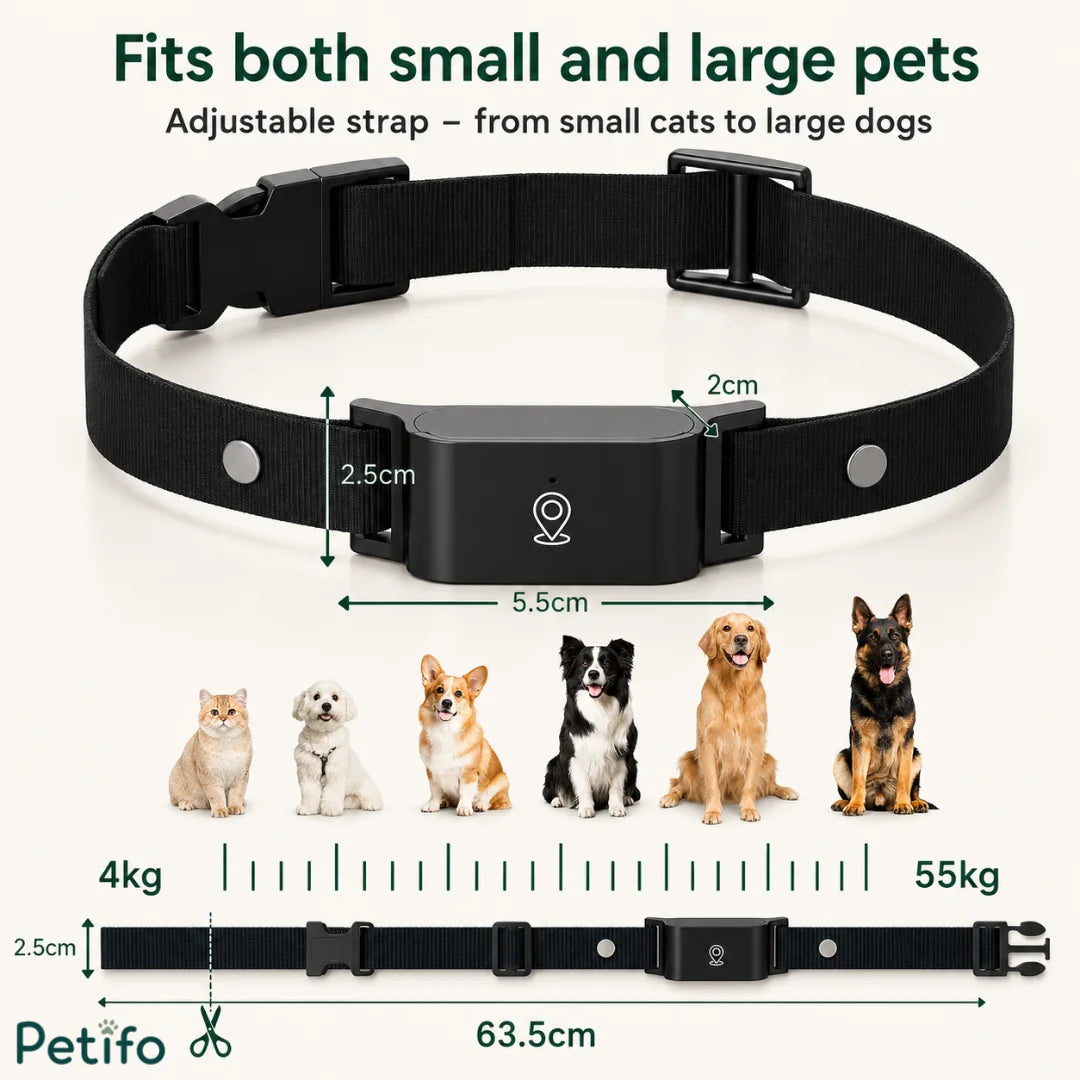 Adjustable black GPS dog and cat collar sizing chart showing dimensions from 4kg to 55kg weight capacity.