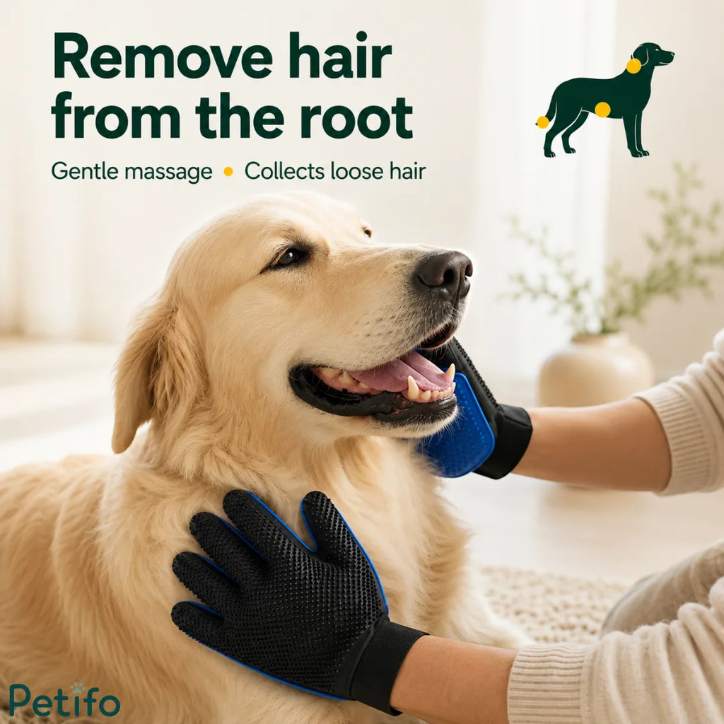 Lifestyle photo of a golden retriever enjoying a gentle massage and coat de-shedding session with the Petifo glove.