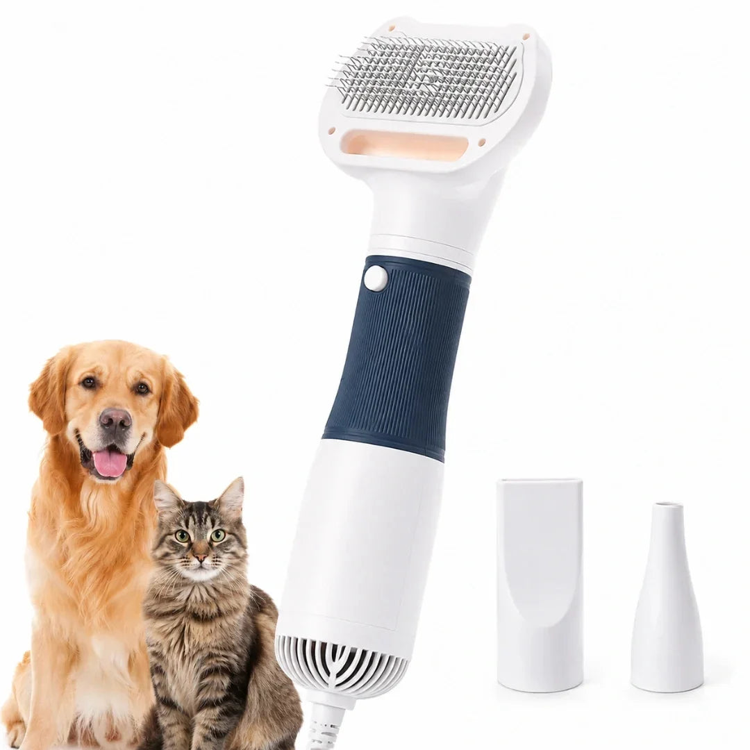 Petifo 3-in-1 pet grooming dryer displayed alongside a Golden Retriever and a cat.