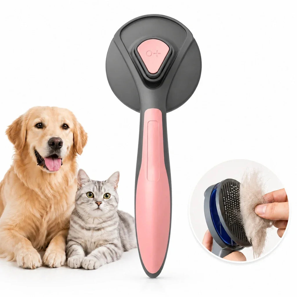 Petifo pink self-cleaning pet brush displayed with a golden retriever, a tabby cat, and an inset showing the easy hair-removal mechanism.