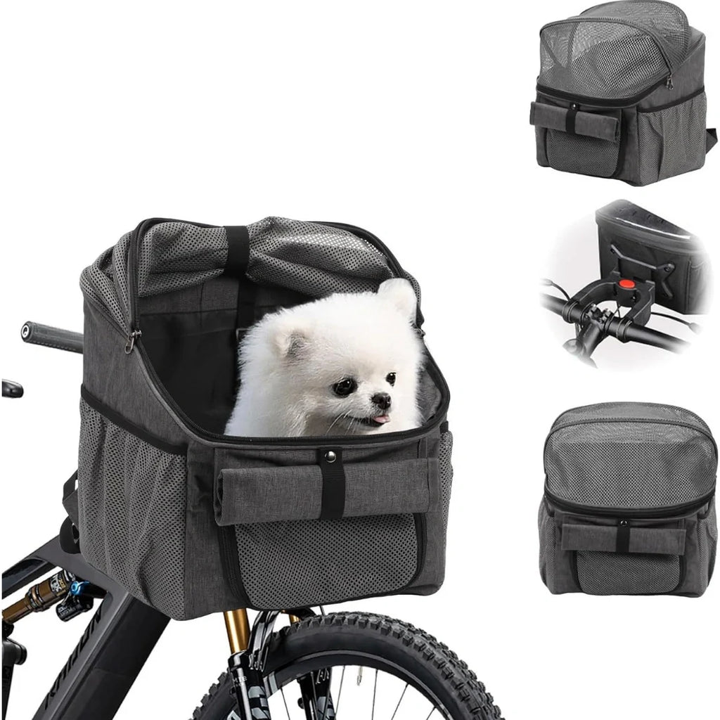 Petifo gray multifunctional pet bike basket and carrier shown mounted on a bicycle with a small white dog inside, alongside smaller thumbnail views displaying its handlebar mount, top mesh, and front profile.