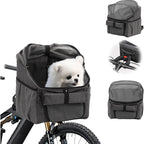 Petifo gray multifunctional pet bike basket and carrier shown mounted on a bicycle with a small white dog inside, alongside smaller thumbnail views displaying its handlebar mount, top mesh, and front profile.