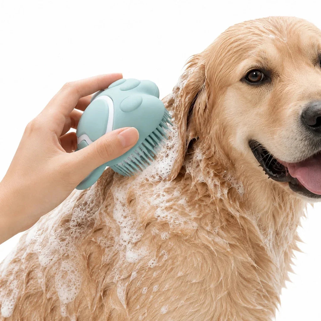 A happy golden retriever getting a soothing back massage with the mint green Petifo bath brush during a bath.