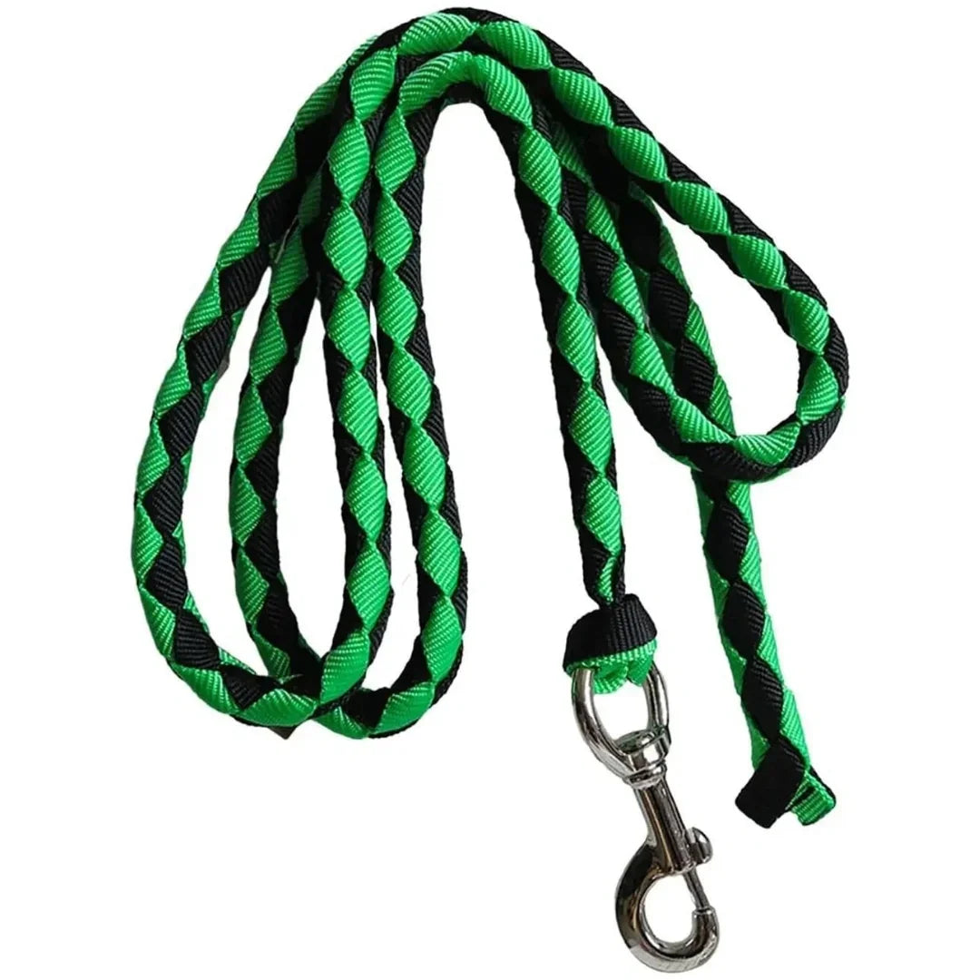 Green and black braided nylon horse lead rope with a silver snap hook.