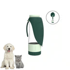 Green and beige Petifo portable dog water bottle displayed next to an adorable puppy and kitten on a white background.