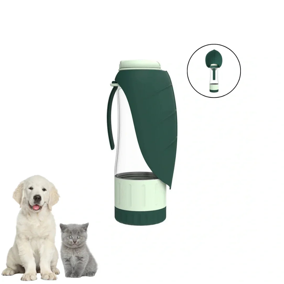 Green and beige Petifo portable dog water bottle displayed next to an adorable puppy and kitten on a white background.