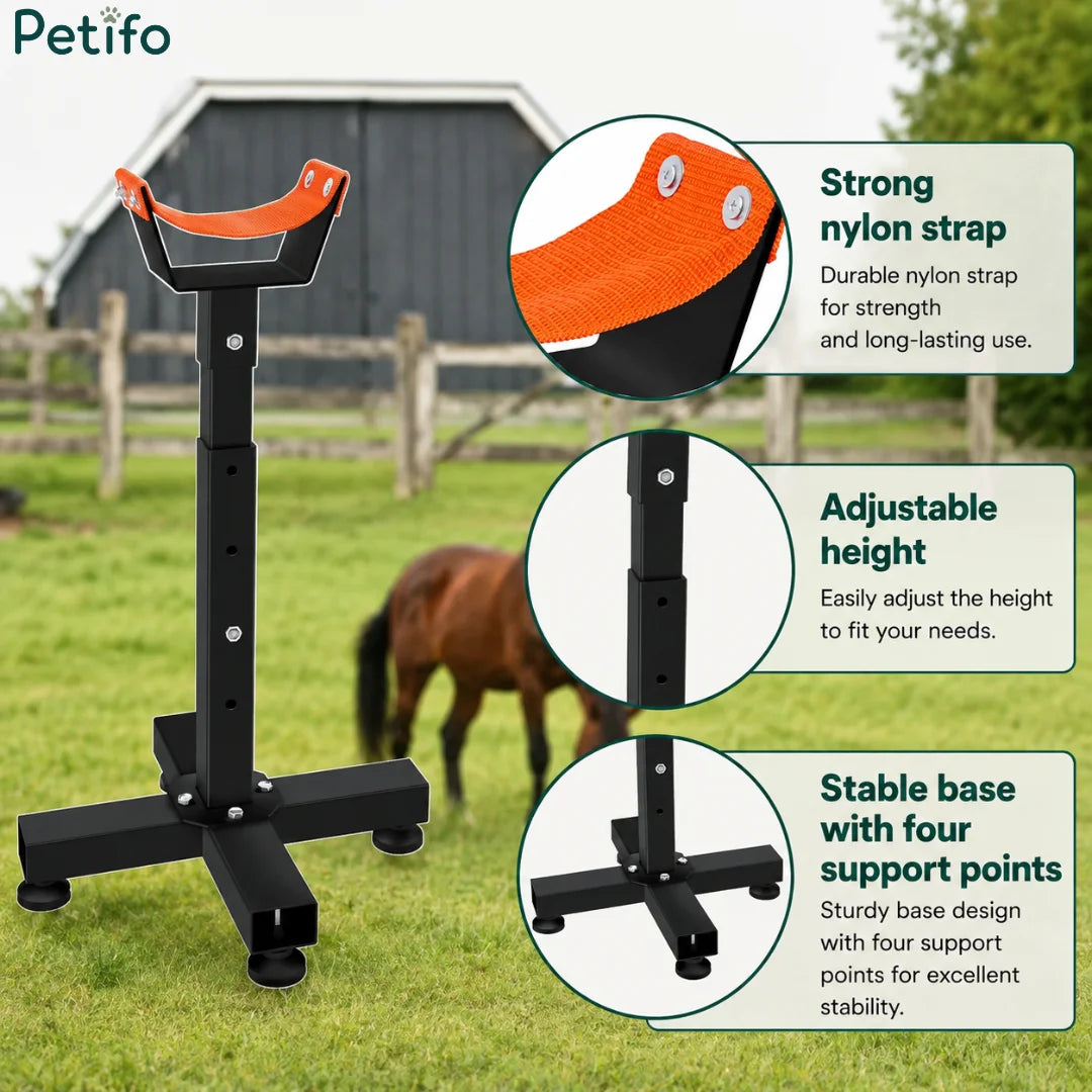 Adjustable horse hoof stand set up on a green pasture with a horse and product feature callouts.